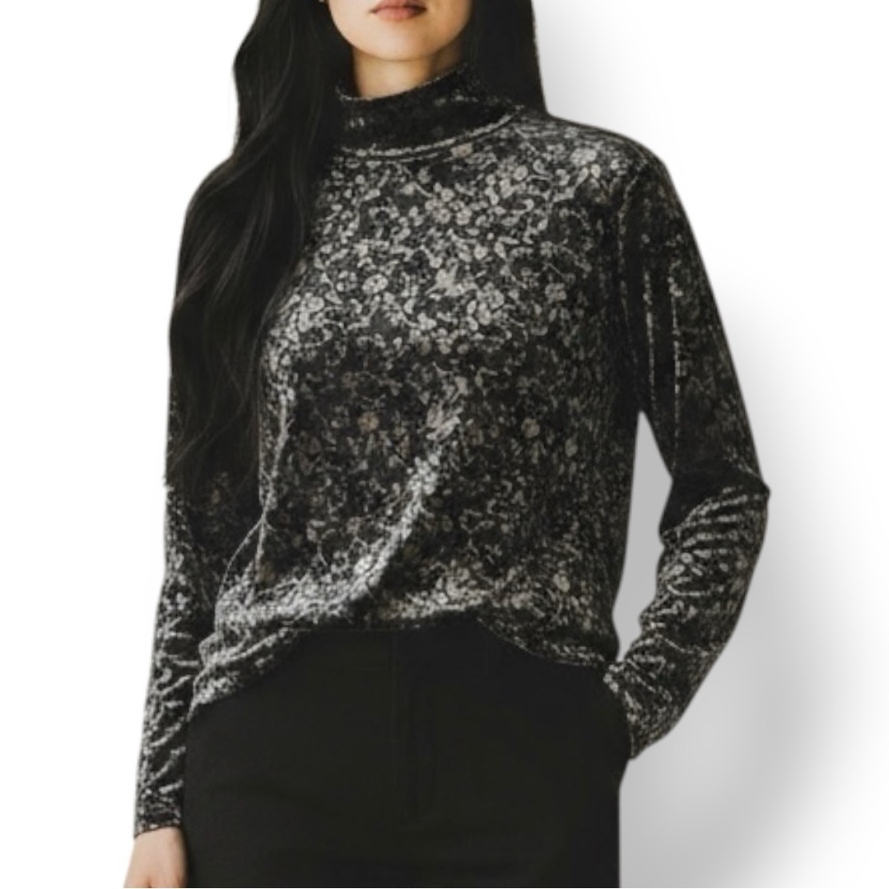 4/$20 Vintage Marshall Rousso Velvet Floral Mock Neck Top Long Sleeve Stretch XL